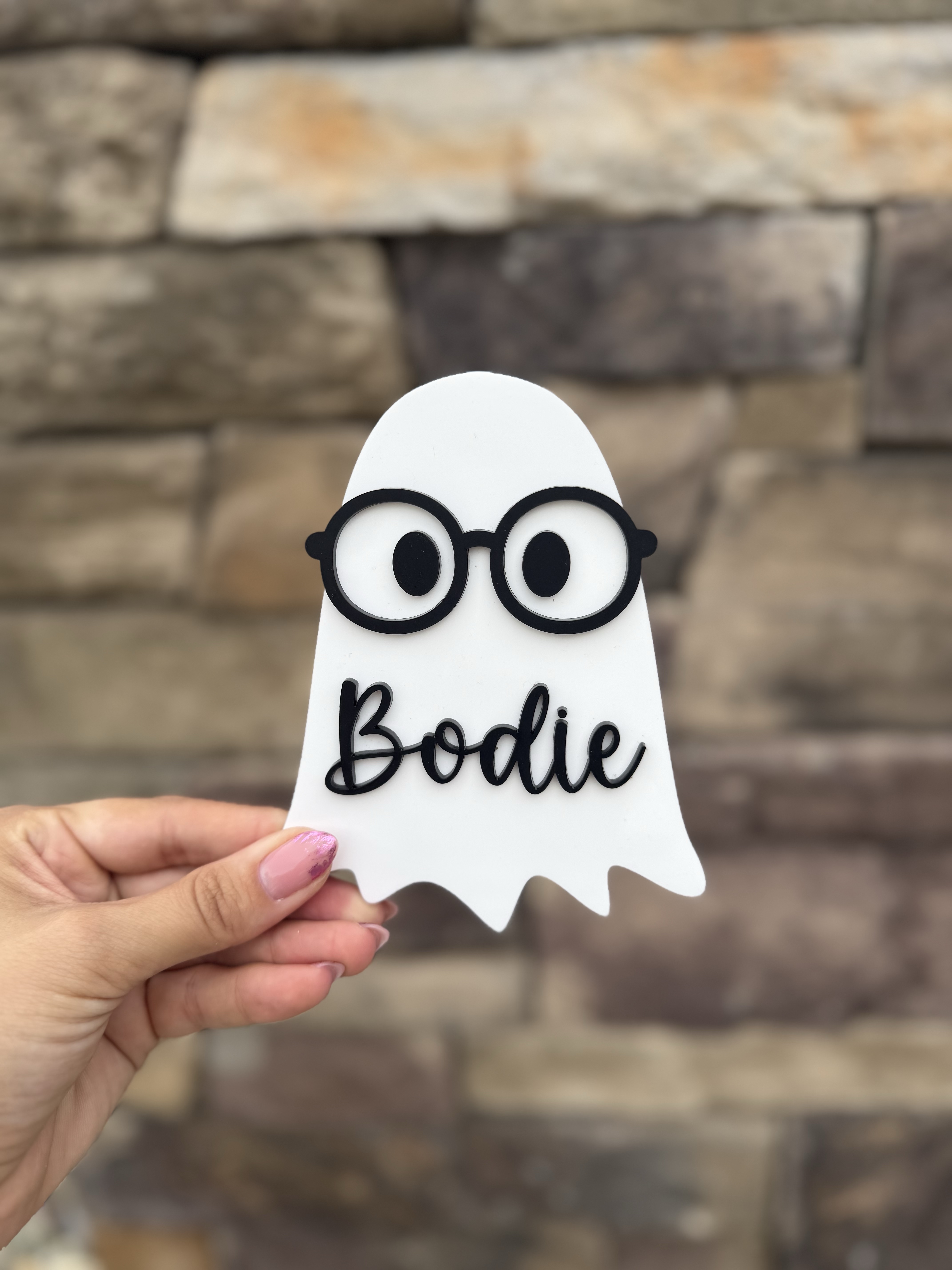 Personalized Bodie ghost-shaped Boo Bag name tag with round glasses