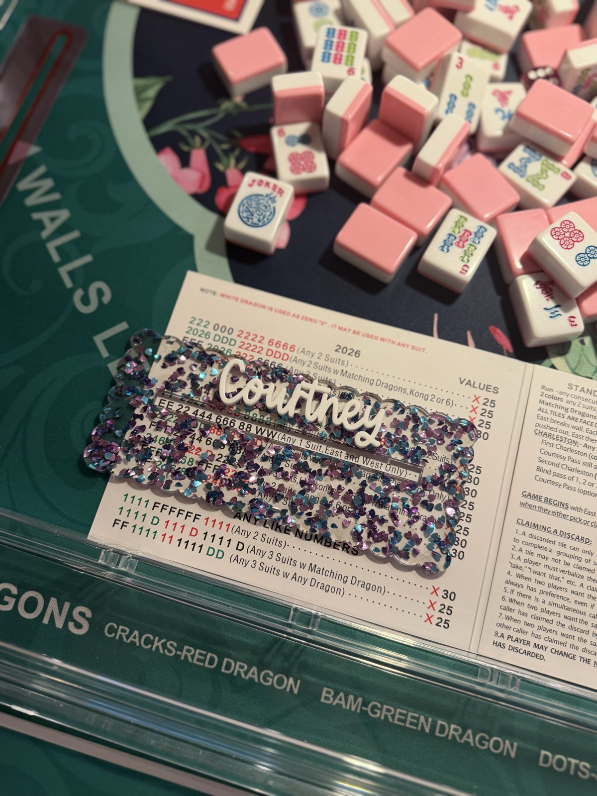 Personalized Courtney scalloped mahjong card holder with purple and teal heart glitter