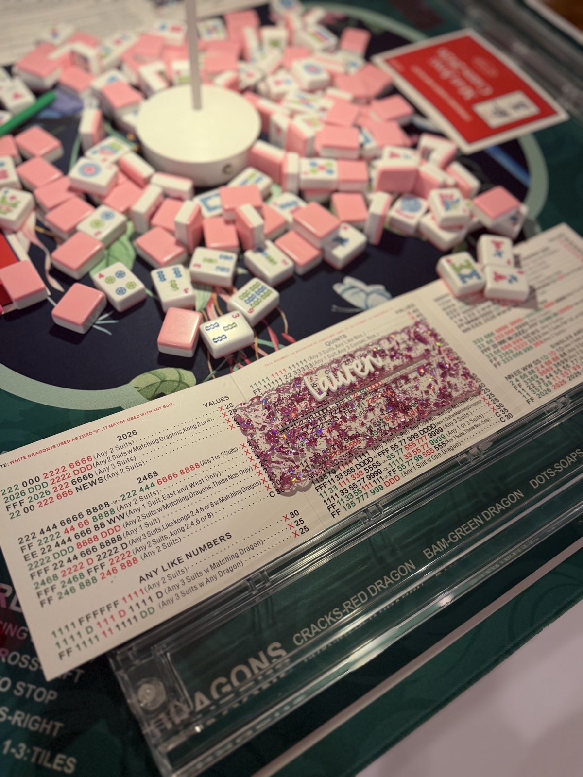 Personalized Lauren scalloped glitter mahjong card holder with pink and ivory tiles