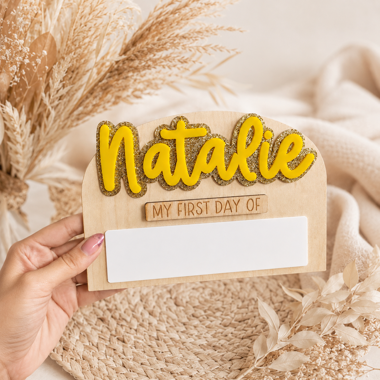 Personalized first day milestone board with layered name lettering