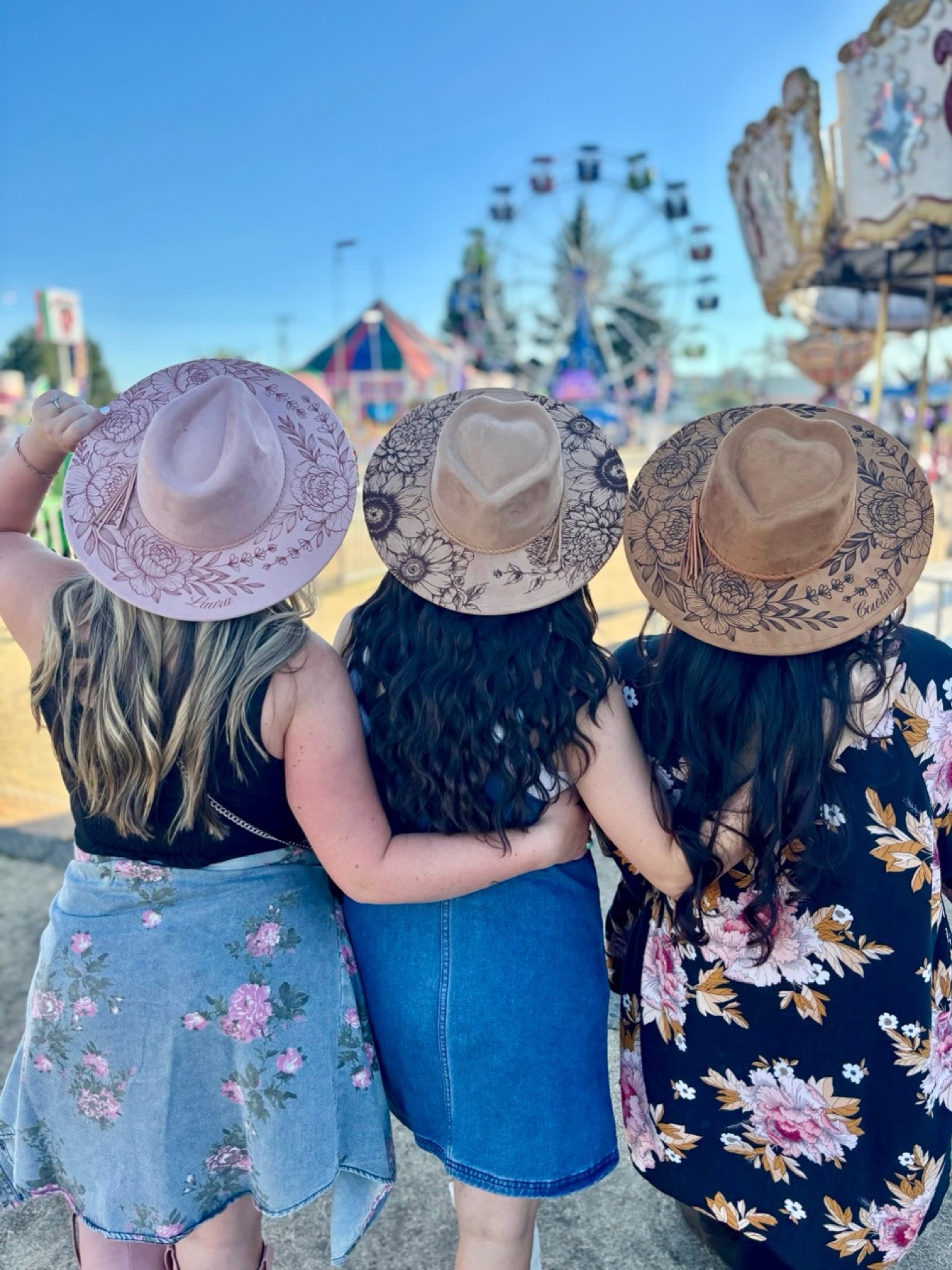 Three personalized hand-burned floral hats